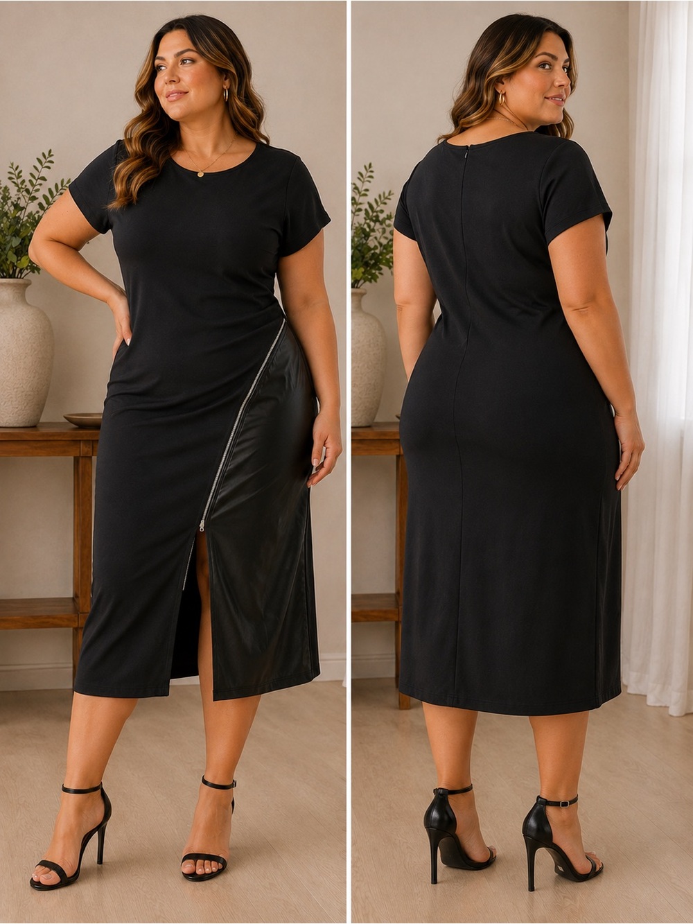 Classic Black Midi Dress with Asymmetric Zip Detail